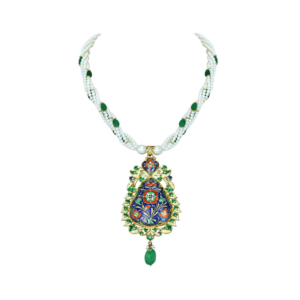 Krishna Polki Pendant Necklace Set with Pearls, Emeralds and Enamel